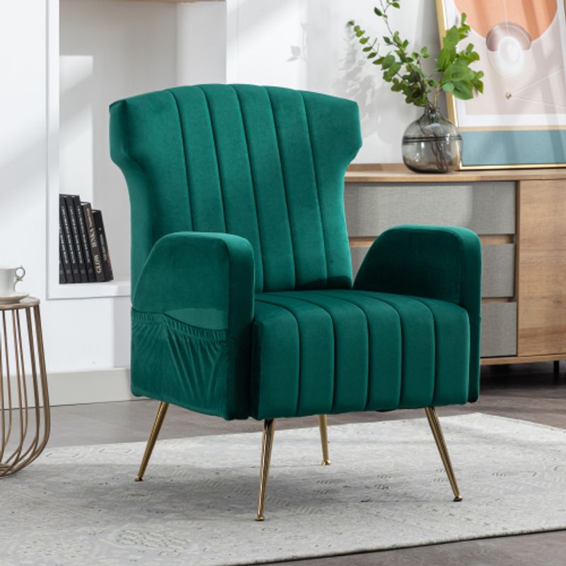 (SKU antiguo:W1880119445)Samt Wingback Dekorativen Stuhl Mit Metallic Gold Beinen, Gepolsterte Sessel, Side Chair, Casual Single Sofa, Wohnzimmer Schlafzimmer Büro Lesesessel Weich Und Bequem_voghion.com