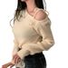Top in maglia con lacci e spalle scoperte, da donna, stile corto, autunno e inverno, con base in maglia rossa_voghion.com