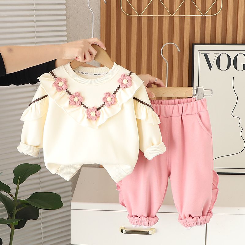 ​​2-teiliges Outfit-Set für Mädchen – Kuscheliger Langarmpullover & passende Hose (80-120cm, Braun/Rosa-Grau)​​_voghion.com