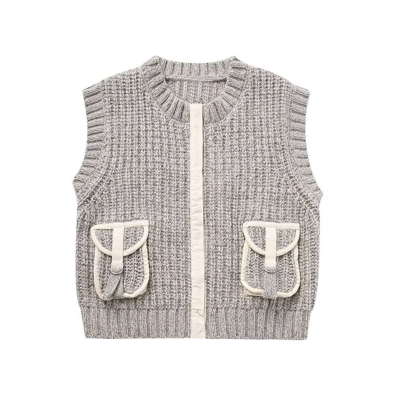 Pocket embellishment autumn new item niche personality pocket contrasting spliced knit vest_voghion.com