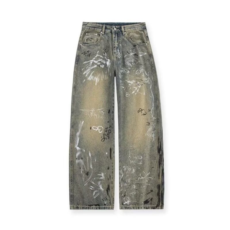 Vêtements pour hommes Graffiti peint à la main en détresse délavé Jeans pour hommes été tendance High Street ample jambe large droit décontracté tout match pantalon_voghion.com