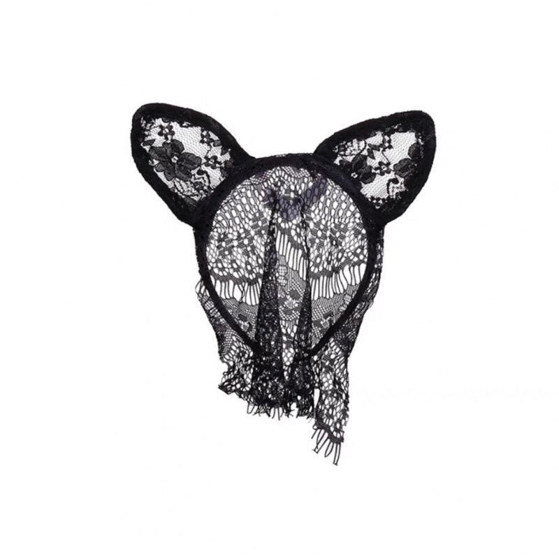 Serre-tête noir sexy avec oreilles de chat pour femme, masque pour les yeux en dentelle, couvre-visage, pince à cheveux en maille, épingle à cheveux, couvre-chef d'Halloween_voghion.com