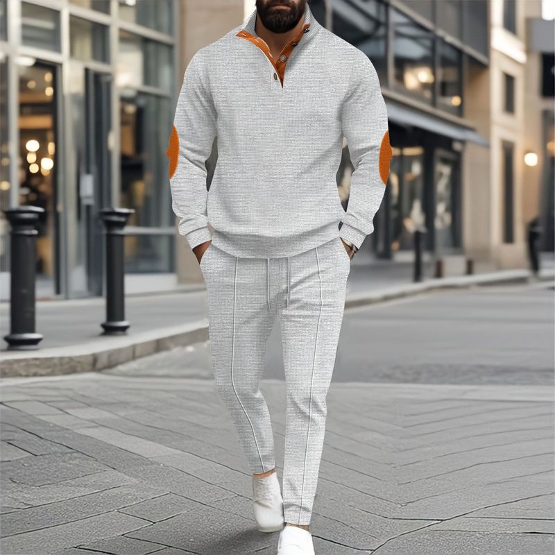 Herren-Set aus Sweatshirt und Hose mit Waffelstruktur und Stehkragen – lässiges, langärmeliges, zweiteiliges Outfit für Herbst und Winter_voghion.com