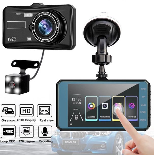 4-tums pekskärm drivande inspelare 1080P främre och bakre dubbelinspelningsskal av zinklegering i lager dold spegel_voghion.com