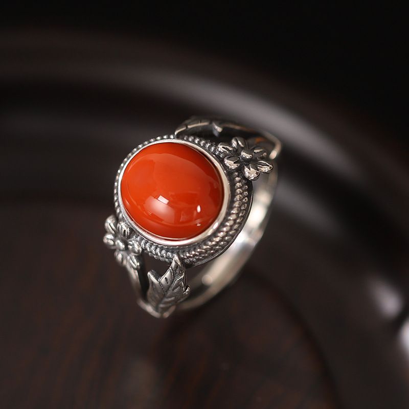 Anello in agata cinese in stile vintage per donna, argento tailandese opaco con bordo floreale_voghion.com