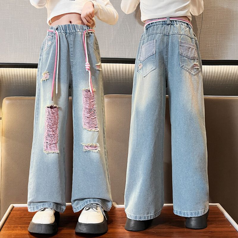 Girl's Fashion 2024 Summer Thin Korean Edition Mid size Big Boys Straight Breakout Jeans Fashionable Wide Leg Pants_voghion.com