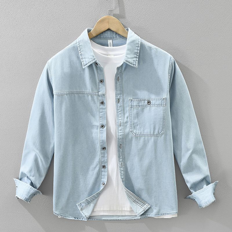 Denim Retro Long Sleeved Shirt For Men, Fashionable And Versatile, Artistic And Casual Loose Top_voghion.com