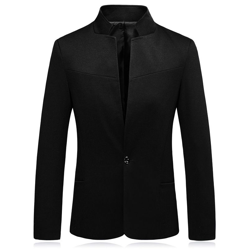 ​​Men's Slim Fit Zhongshan Suit Jacket – Korean Style Stand Collar Business Casual Blazer (Black/Navy Blue)​​_voghion.com
