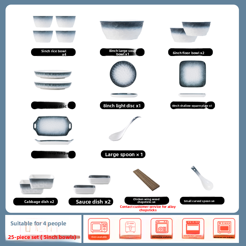 Japanese Style Stone Pattern Set Thickened Ceramic Combination Tableware And Chopsticks Household Dish Rice Soup Bowl_voghion.com