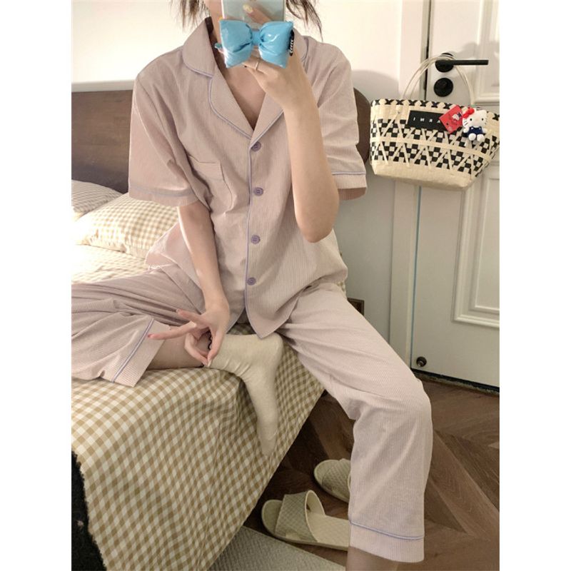 2024 new purple striped long internet famous Instagram spring and autumn sleepwear women's short sleeved pants Korean_voghion.com