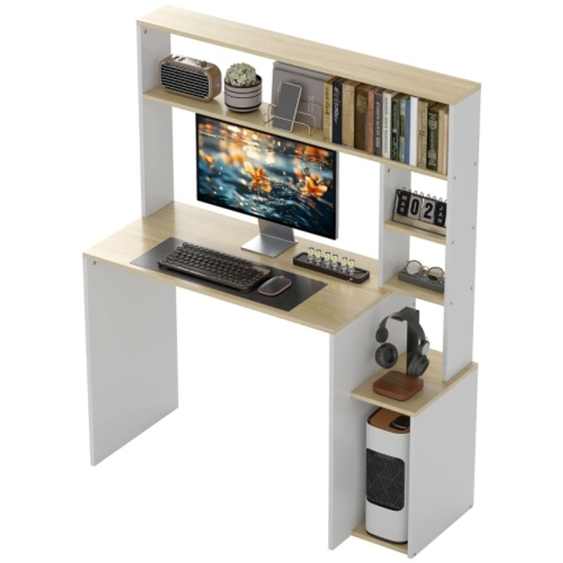 HOMCOM Schreibtisch 113 X 45 Cm Computertisch Bürotisch Mit Offenen Regalen, CPU-Ständer, Stahlgestell Für Home Office, Schlafzimmer Eiche_voghion.com