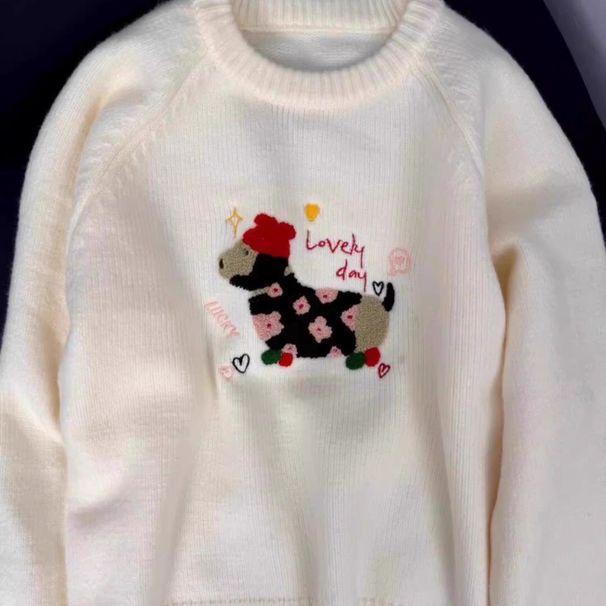 Mekani ljepljivi džemper za žene u jesen, slatki pulover s motivom psa, široki lijeni jesenski i zimski top_voghion.com