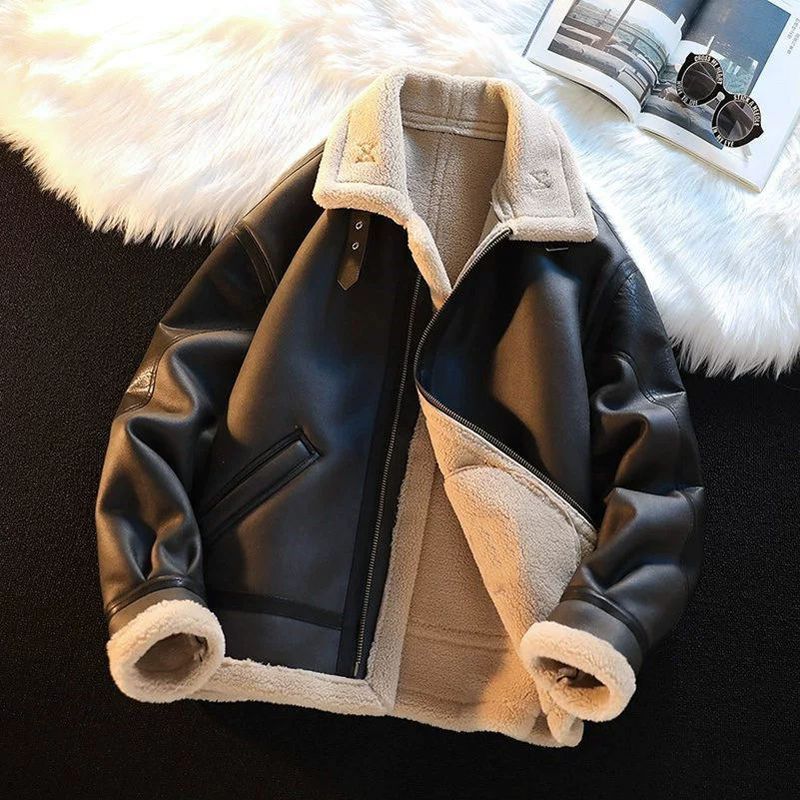 Herrenbekleidung Herren Pelzmantel Winter Plus Samt Verdickte Motorradbekleidung Trendy Hirschlederjacke Baumwollmantel Lammfell Lederjacke_voghion.com