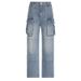 Women's Clothing Street Fashion Symmetrical Pocket Split Loose Washed Overalls Multi Pocket Jeans_voghion.com