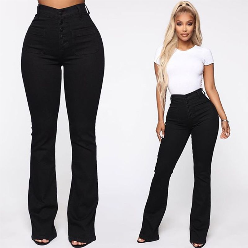 jeans di grandi dimensioni da donna pantaloni in denim a vita alta lavati con tasca applicata_voghion.com