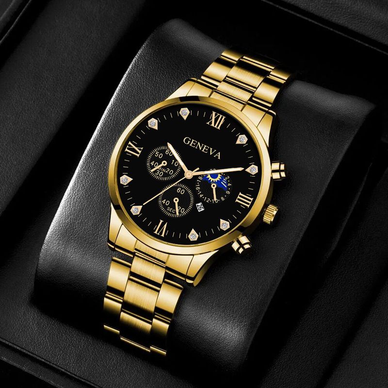 Unisex Zubehör Mode-Business Herren Stahl Uhr Drei-Augen-Kalender römischen Skala Quarzuhr_voghion.com