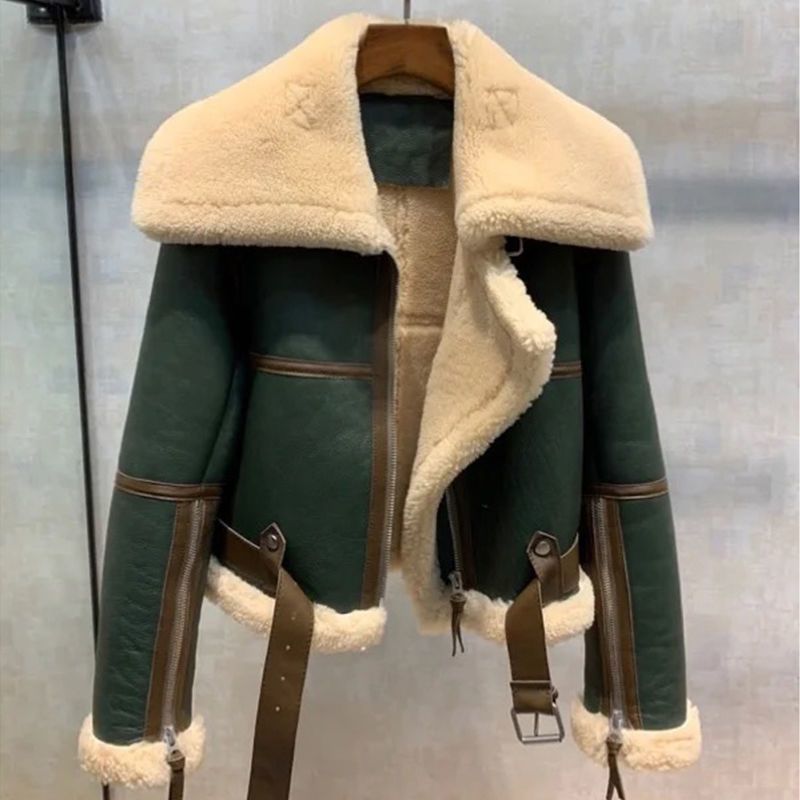 Damkläder Plus size damkläder vinterkläder storslagna motorcykelkläder dam tjock kort päls i ett stycke fårskinn shearling coat_voghion.com