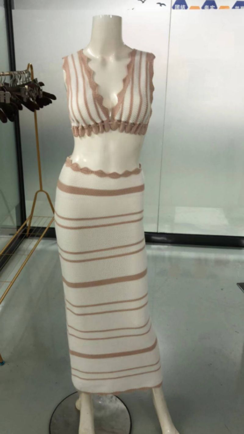 Gonna Sets bikini a righe casual gilet bretelle top tuta spiaggia stile bohemien colore a contrasto lungo metà_voghion.com