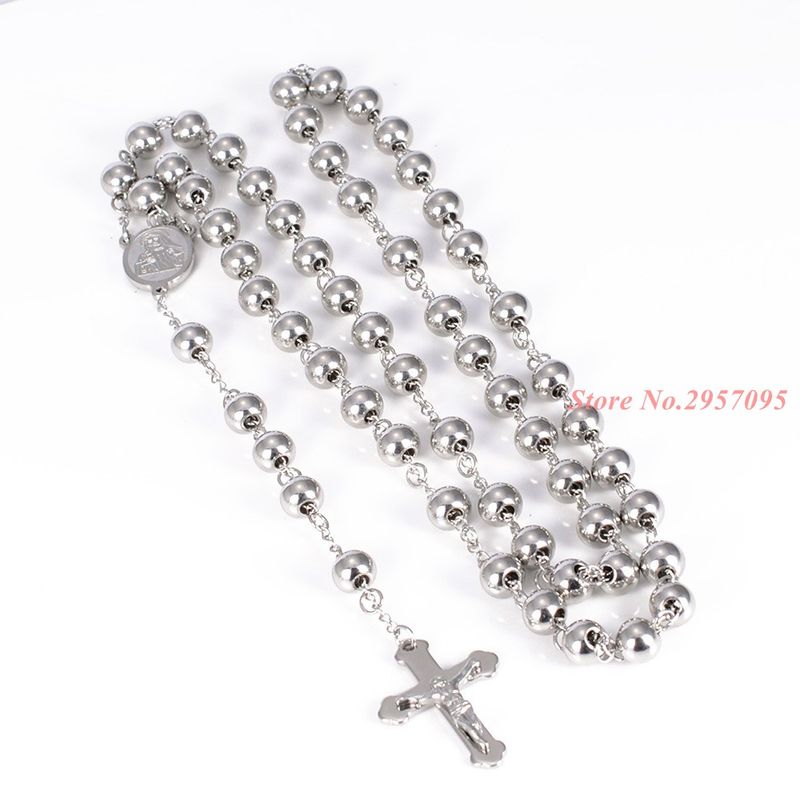 4/6/8/10MM Classic Womens Mens Necklace Stainless Steel Sier Color Bead Rosary Chain Jesus Christ Cross Pendant Free_voghion.com