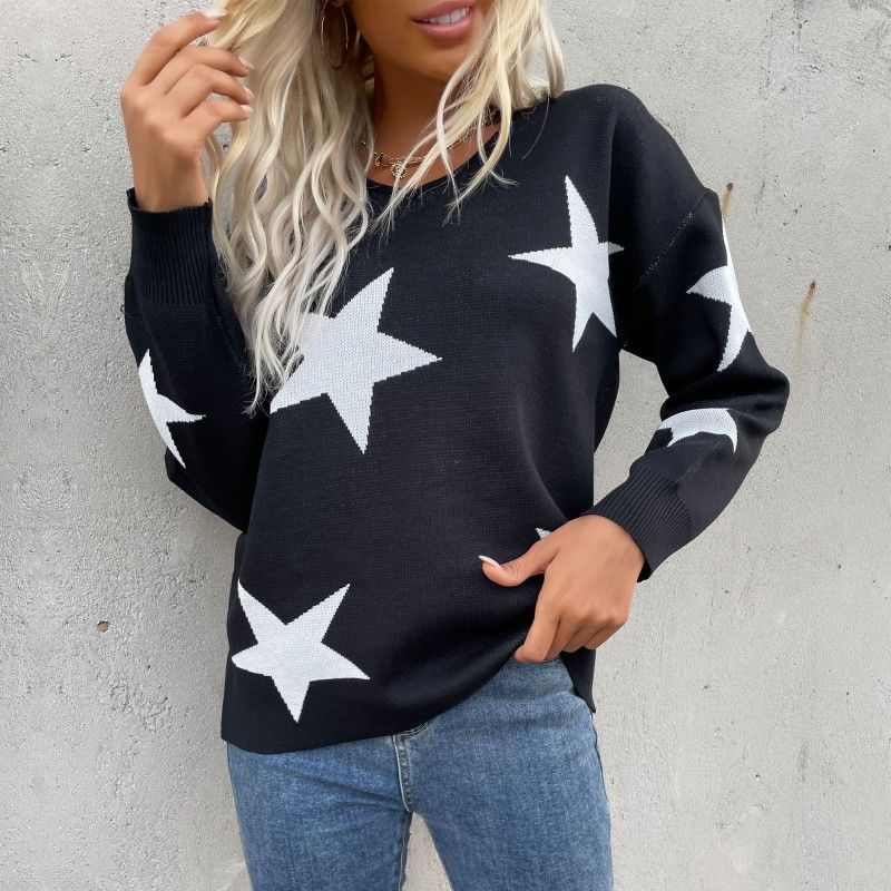 Damenbekleidung unabhängiger Herbst Neuankömmling fünfzackiger Stern Rundhals Langarm-Strickpullover für Damen_voghion.com