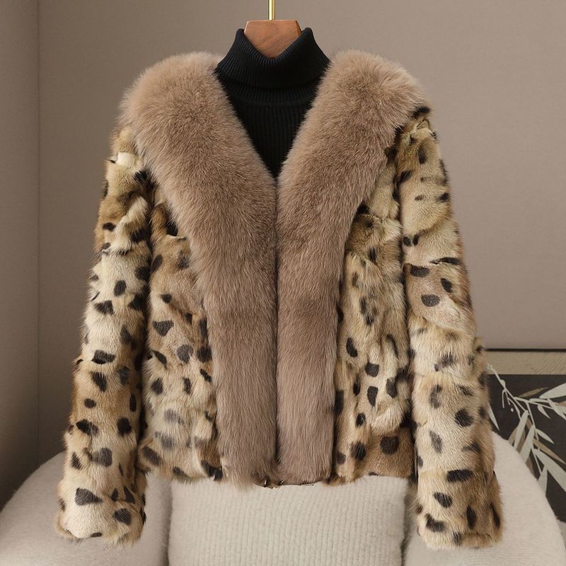 Cappotto di pelliccia di volpe di lusso da donna con scollo a V e stampa leopardata, elegante capospalla casual per autunno inverno_voghion.com