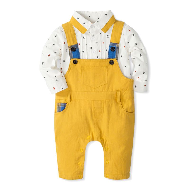 Children's spring and autumn new boys' suit long-sleeved shirt suspender two-piece children's clothing_voghion.com