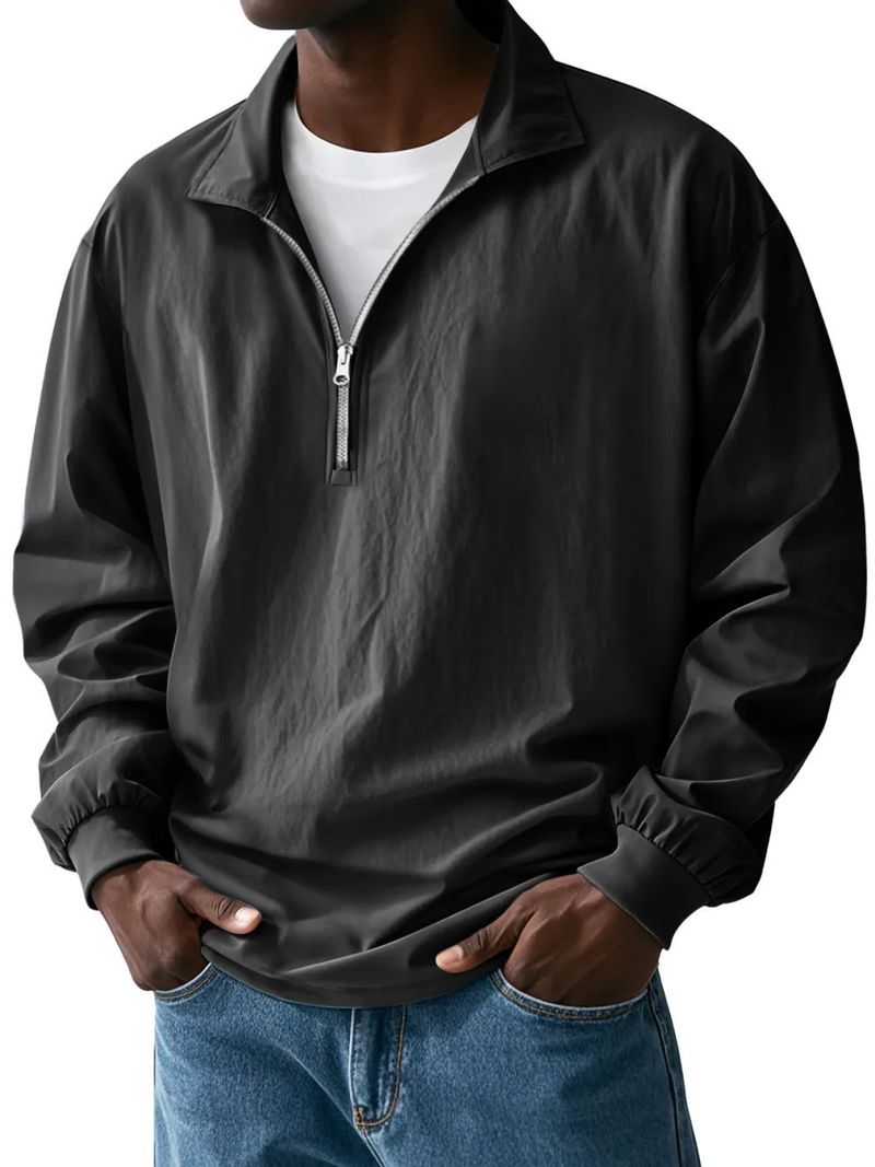 Polo oversize da uomo con zip - Maglia a maniche lunghe con spalle scese e finiture a contrasto_voghion.com