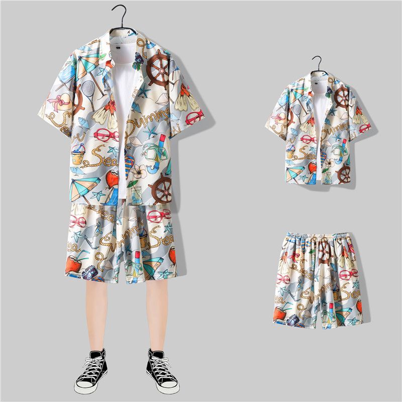 Vêtements pour hommes, style hawaïen, costume de plage, chemise d'été à fleurs thaïlandaises, short pour hommes, costume deux pièces rétro japonais élégant_voghion.com