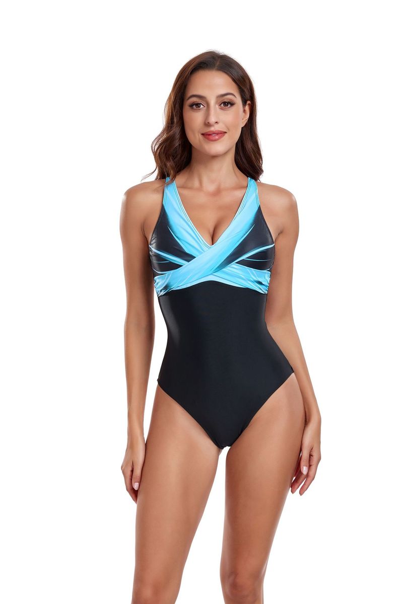 Deep V-neck Cross-strap One-piece Swimsuit Tight Conservative Swimsuit_voghion.com