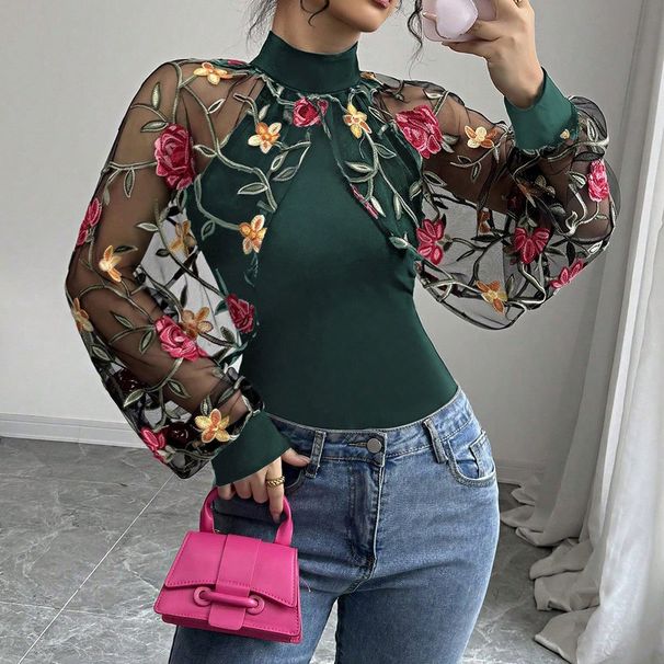 Maglietta sexy da donna con scollo a V, maniche lunghe, plissettata, in pizzo floreale ricamato, con volant, elegante camicetta femminile_voghion.com