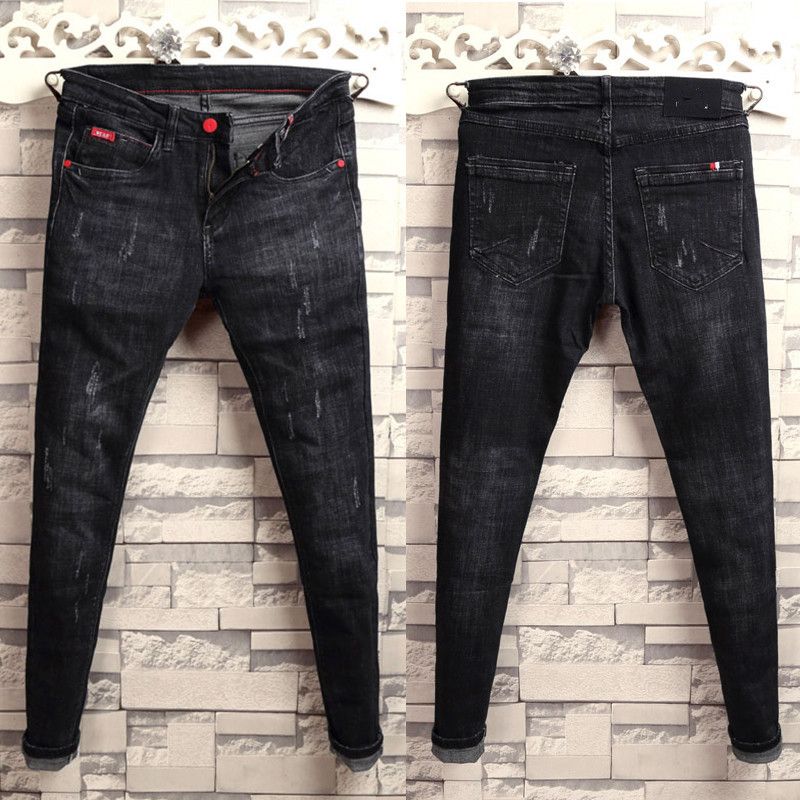 Trendy men's autumn and winter Korean style slim fit retro distressed blue whiskers and small feet jeans for men with social spirit and quick hands_voghion.com