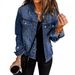 Women's Clothing Distressed Denim Jacket - Vintage Washed Short Cropped Jean Coat With Lapel Collar & Long Sleeves_voghion.com