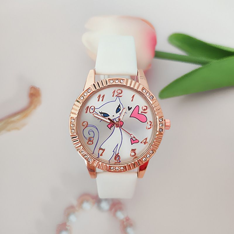 Neue Diamant-besetzte Mode Katze Gürtel Cartoon Casual Damen Student Quarzuhr_voghion.com