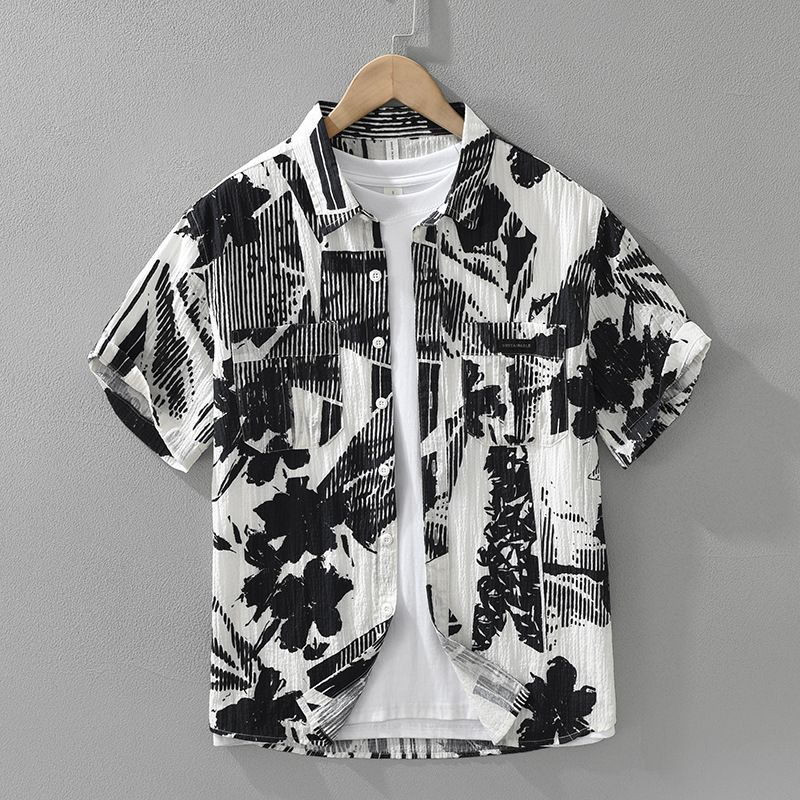 Trendy Printed Short Sleeved Shirt, Fashionable And Versatile, Artistic And Casual Loose Top, Men's Clothing_voghion.com