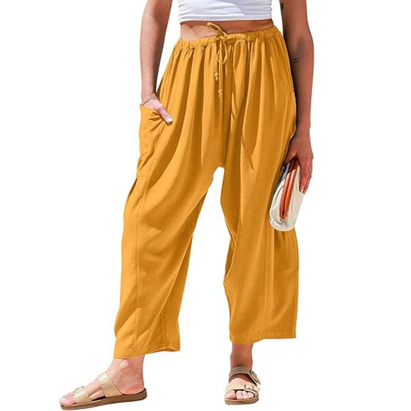2025 Women`s Casual Loose Drawstring Mid-Waist Beach Sports Wide-Leg Pants With Pockets_voghion.com