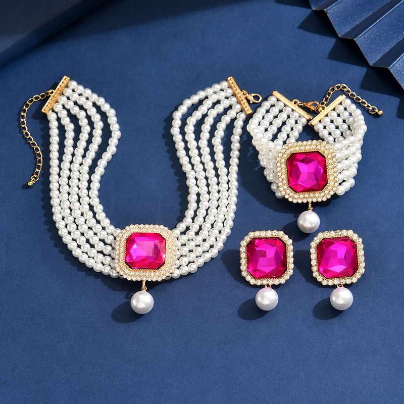 Jewelry Set Gem Jewelry Set Light Luxury High-End Pearl Necklace Colorful Full Diamond Bracelet Three-Piece Jewelry Set For Women_voghion.com