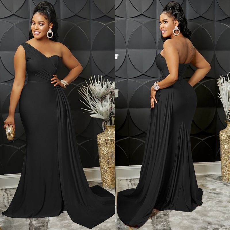 Damenmode, einfarbig, sexy, eng anliegend, einschultriges Partykleid, langer Rock_voghion.com