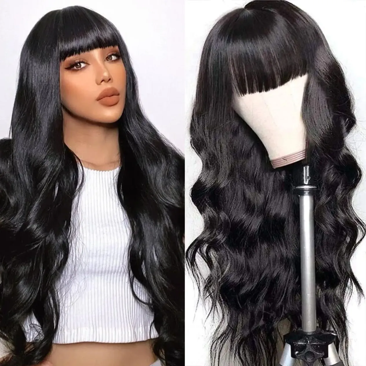 Body Wave Human Hair Wig With Bang For Women 180 Density Remy Indian Hair Full Machine Made Body Wave Wig With Bangs_voghion.com