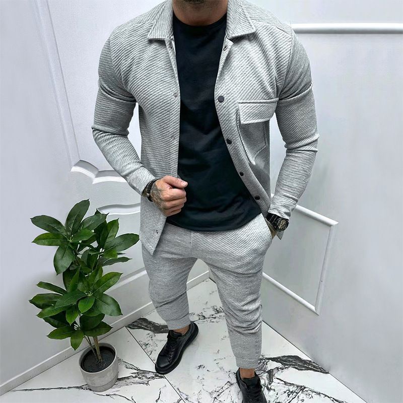Herfst en winter diagonaal jack casual broek nieuwe effen kleur jacquard heren tweedelige set_voghion.com