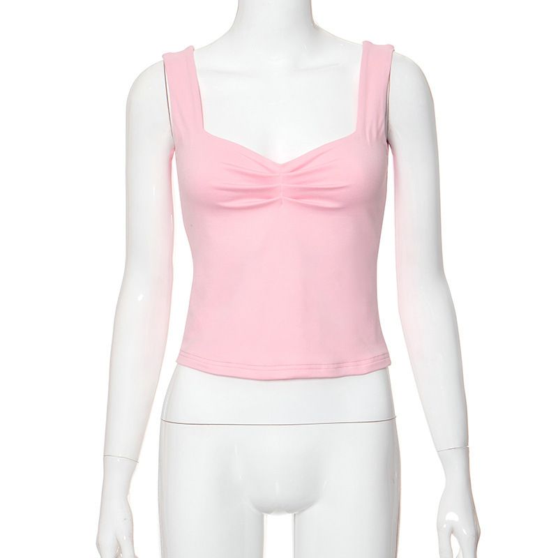 Women's Spring New Casual Slimming Splicing Open Umbilical Solid Color Square Collar Micro Pleated T-shirt_voghion.com