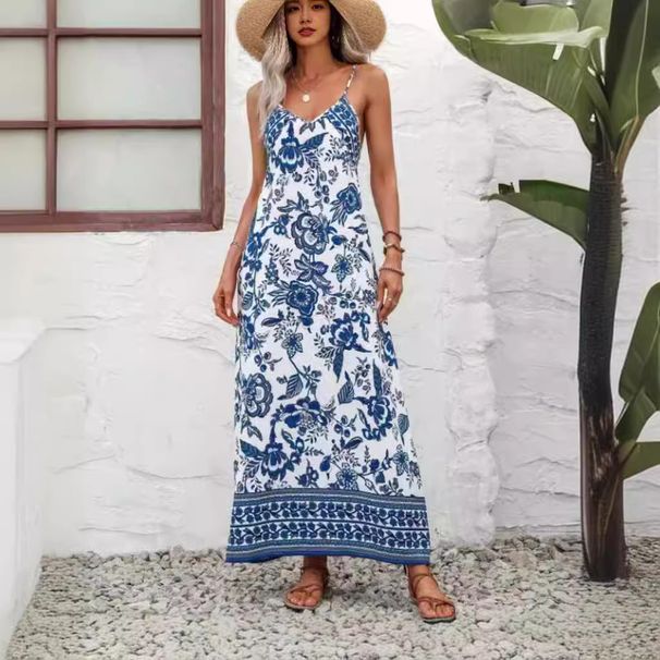 2024 Summer Sexy Backless V-neck Slim Fit Elegant Floral Strap A-line Beach Dress_voghion.com
