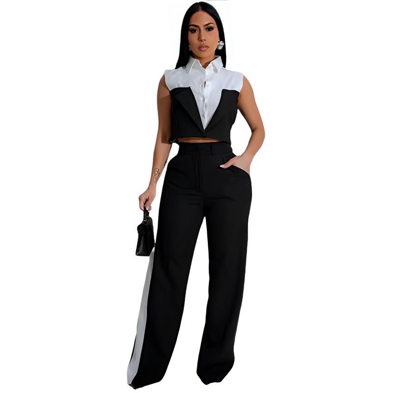 Set de două piese pentru femei, culoare contrastantă, primăvară-vară, la modă, cămașă cu mânecă scurtă, top, pantaloni lungi drepți, elegant, din două piese, set pentru femei_voghion.com