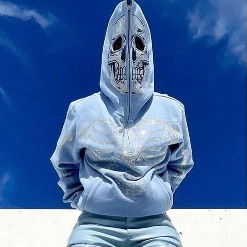 2023 New Women's Street Skull Rhinestone Zipper Hoodie_voghion.com