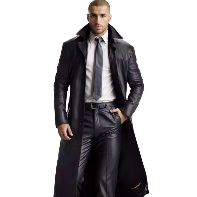 Chaqueta larga de piel sintética para hombre, talla grande - Abrigo con solapa de muesca | Tallas extra grandes: XXL-5XL_voghion.com