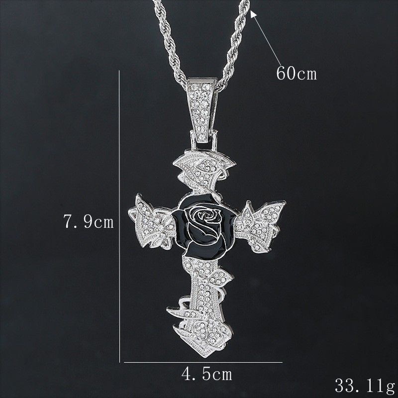 Selling Hot Trendy Necklace Cuban Chain Men's Personality Hip Hop Cross Black Rose Full Diamond Pendant_voghion.com