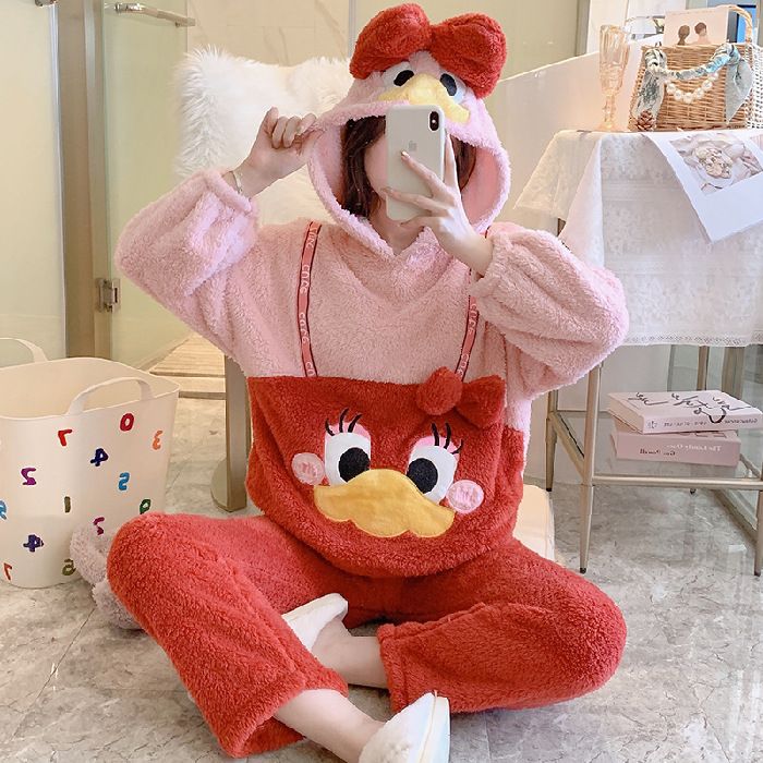 Pigiama a pelo lungo per donna inverno 2023, camicie da notte con maniche a cartoni animati dolci e carine, pantaloni lunghi, vestiti per la casa,_voghion.com