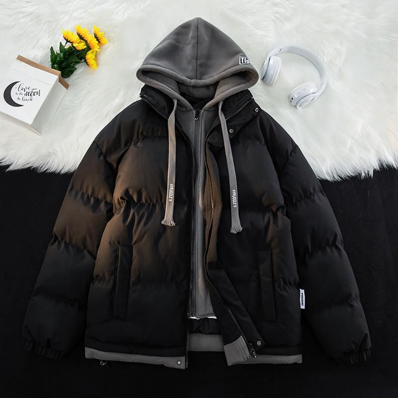Abbigliamento da uomo finto cappotto in cotone con cappuccio in due pezzi, cappotto corto in cotone ispessito e sciolto, giacca in cotone_voghion.com