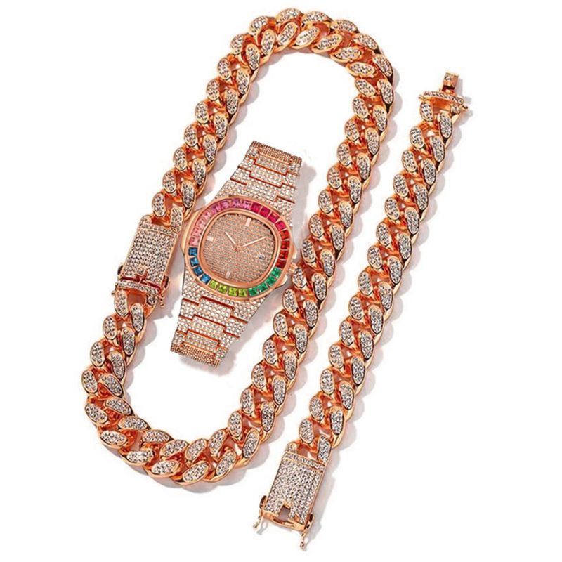 Women's Watches Hip Hop Suit Stylish Atmospheric Steel Band Watch Bracelet Necklace Diamond Set 3pcs/Set_voghion.com