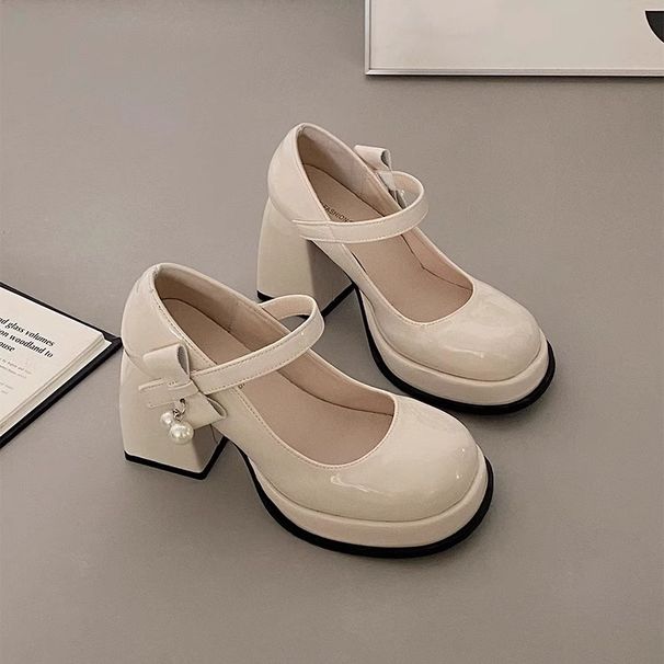 French Round Toe Low-Cut Waterproof Platform Mary Jane 2025 New Arrival Chunky Heel All-Matching Pearl Bows High Heels_voghion.com