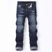 Dunkelblaue verwaschene Slim Fit-Jeans für Herren – Distressed-Denimhose mit geradem Bein und Patch-Details für die Freizeit_voghion.com